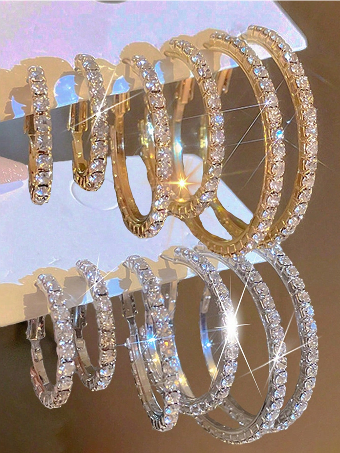 6pcs Simple Diamond Inlaid Earrings Set, Suitable For Women's Daily Wear, Holiday, Dating, And Gifting