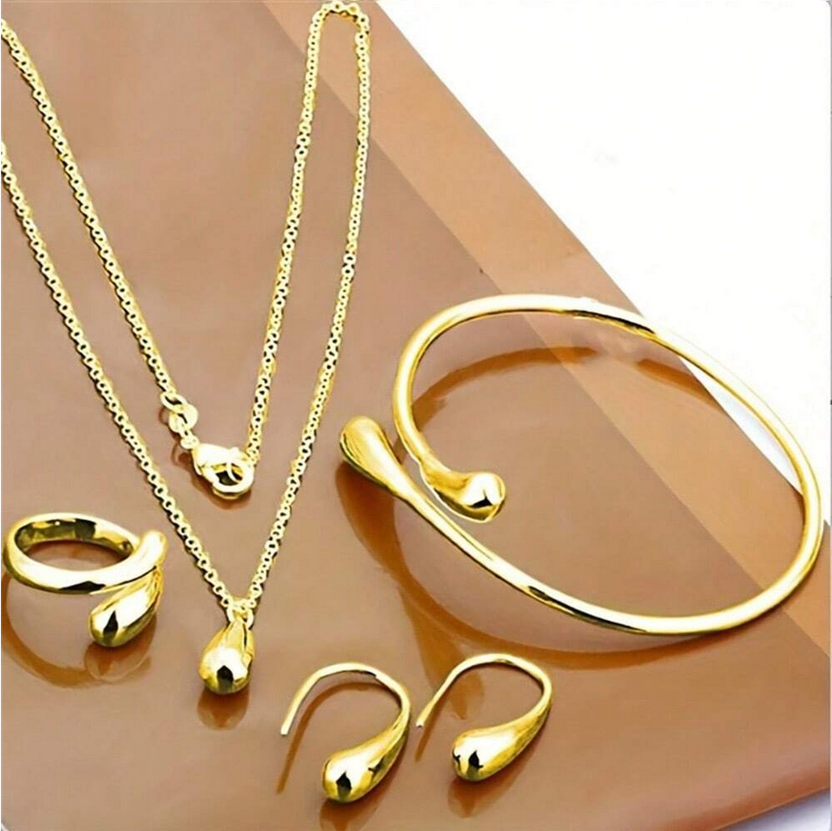 Minimalist Gold Teardrop Jewelry Set – Necklace, Bracelet, Earrings & Ear Cuff | Elegant Daily Wear Gift Set