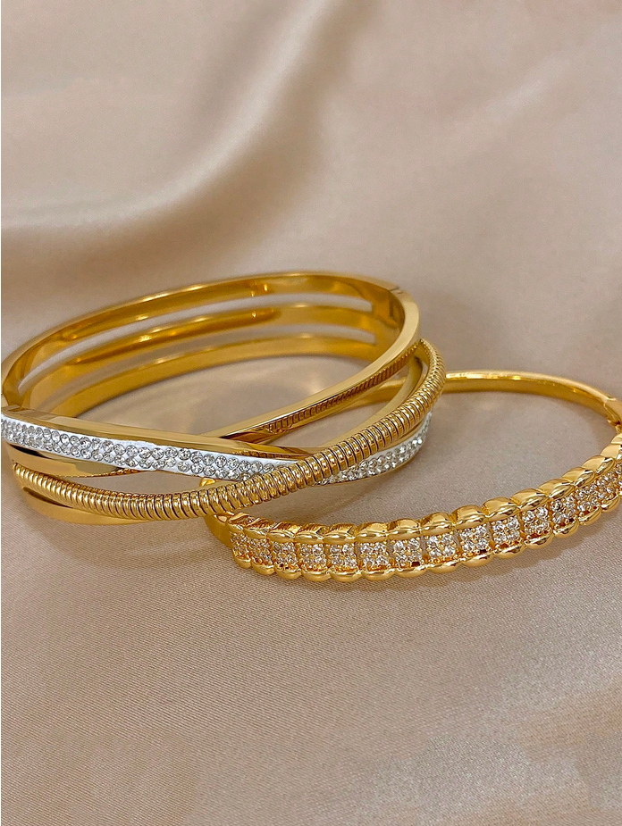 18K Gold Plated Stainless Steel Or Copper Luxe Diamond Elegant Gold Color Bangle Bracelets Set With Zirconia For Women