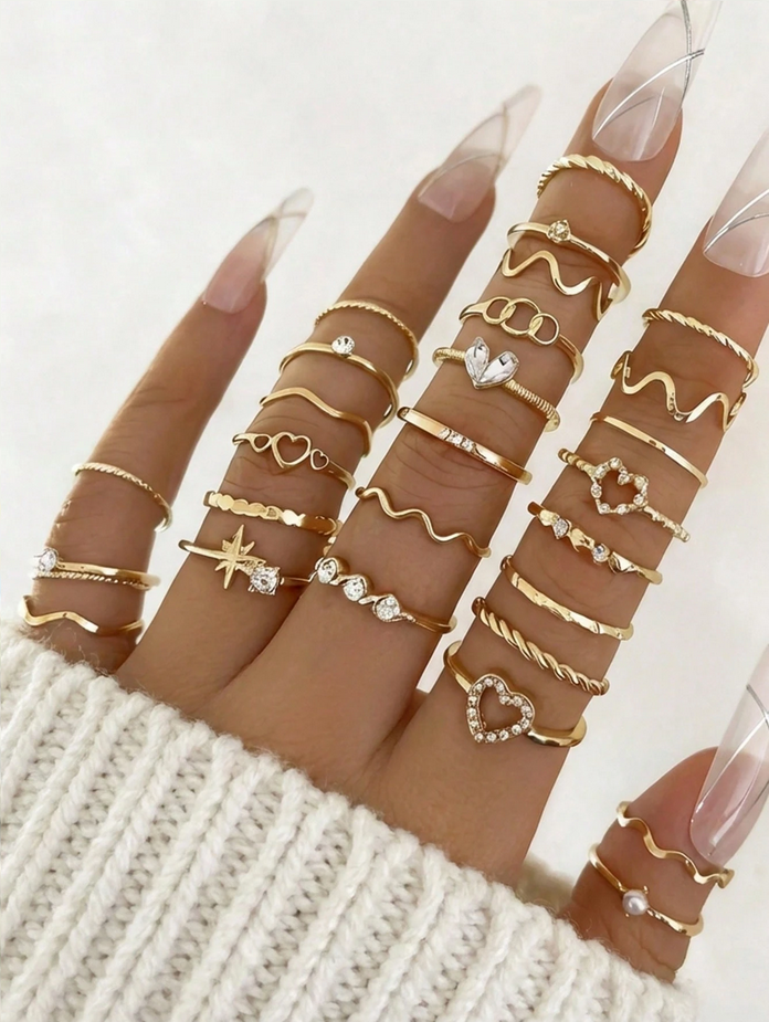 15pcs Set Fashionable Exaggerated Smooth Alloy Asymmetrical Geometric Jointed Rings, Lava Line Open Rings Set (Includes Size Guide, Do Not Force Open, Purchase Carefully)