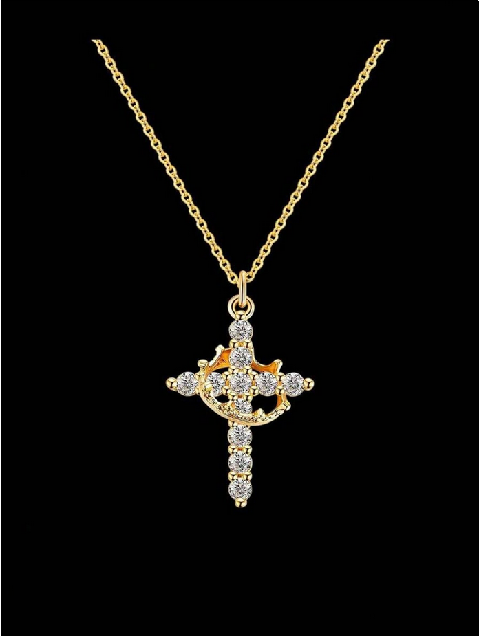 Mother's Day Gifts For Mom Upgraded Crown Cross Necklace For Women 14K Gold Plated Crown Cross Pendant Necklace Simple Diamond Gold Necklaces Faith Cross Jewelry First Communion Necklace