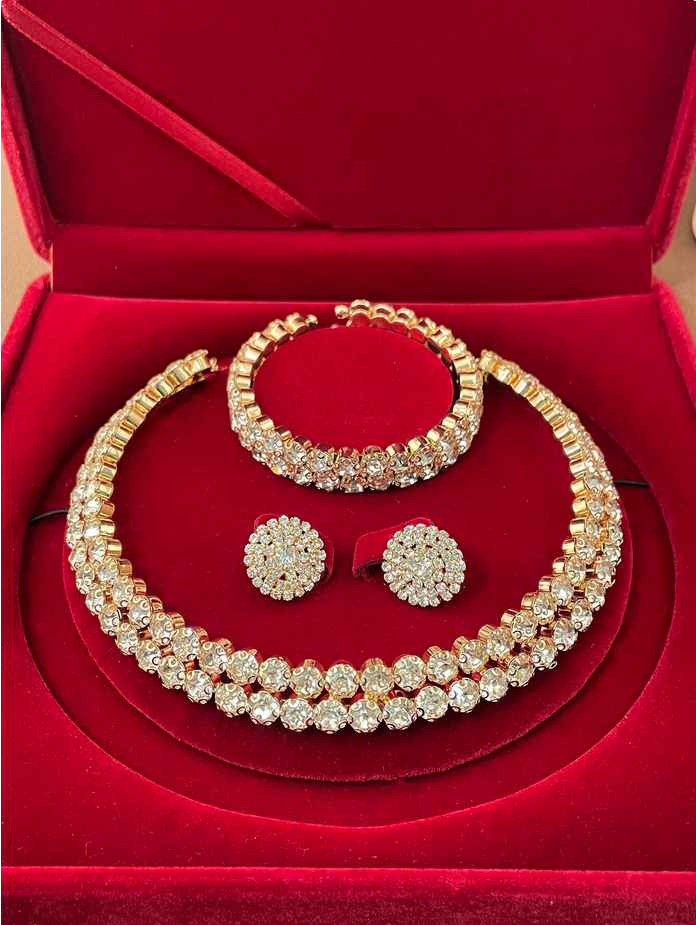 3pcs Set Bling Rhinestone Multi-Layer Necklace, Earrings, Bracelet & Choker Jewelry Set Bridal Wedding Gift