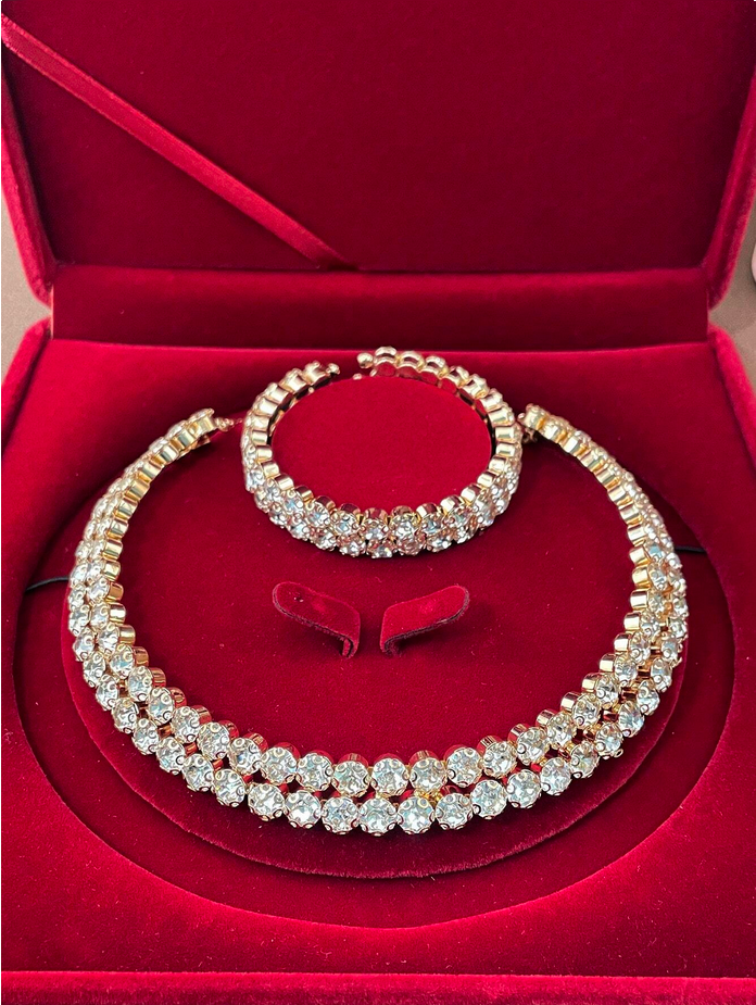 3pcs Set Bling Rhinestone Multi-Layer Necklace, Earrings, Bracelet & Choker Jewelry Set Bridal Wedding Gift