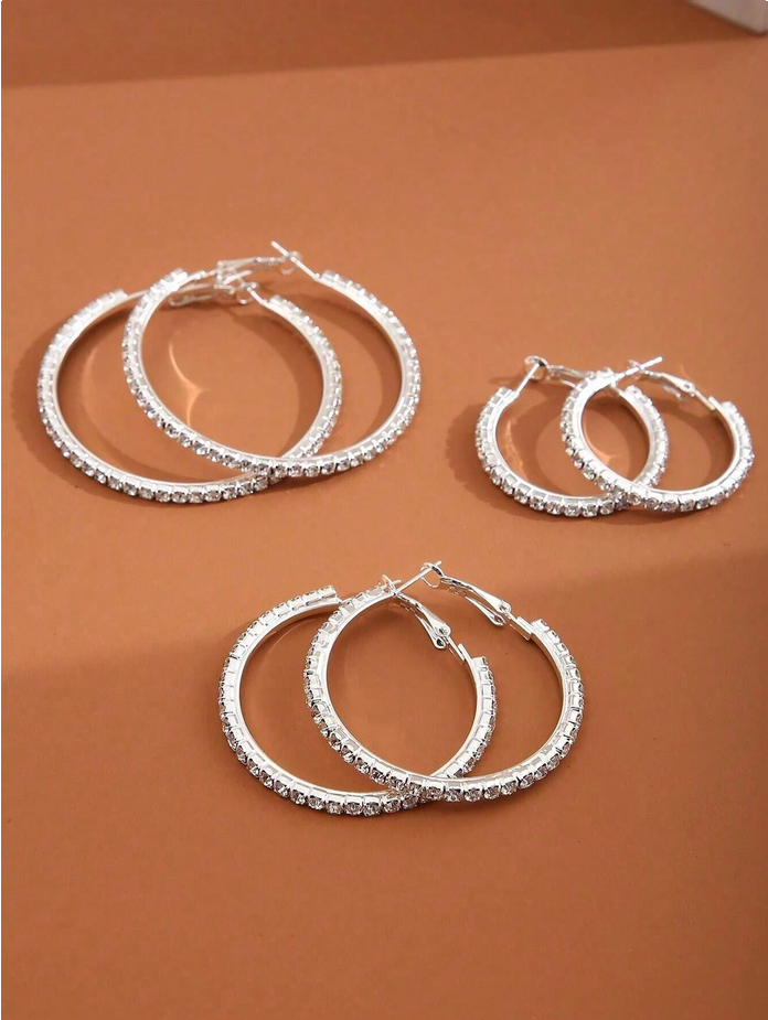 6pcs Simple Diamond Inlaid Earrings Set, Suitable For Women's Daily Wear, Holiday, Dating, And Gifting