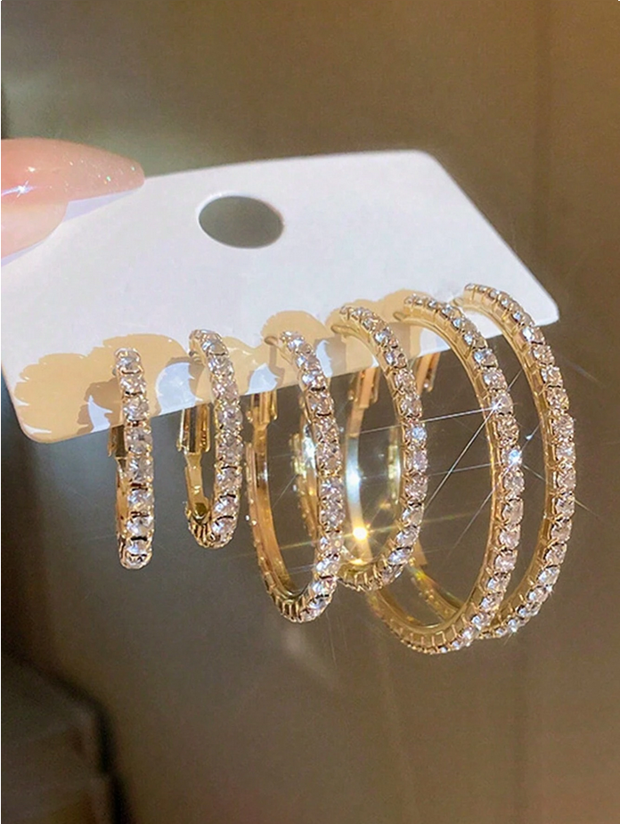 6pcs Simple Diamond Inlaid Earrings Set, Suitable For Women's Daily Wear, Holiday, Dating, And Gifting