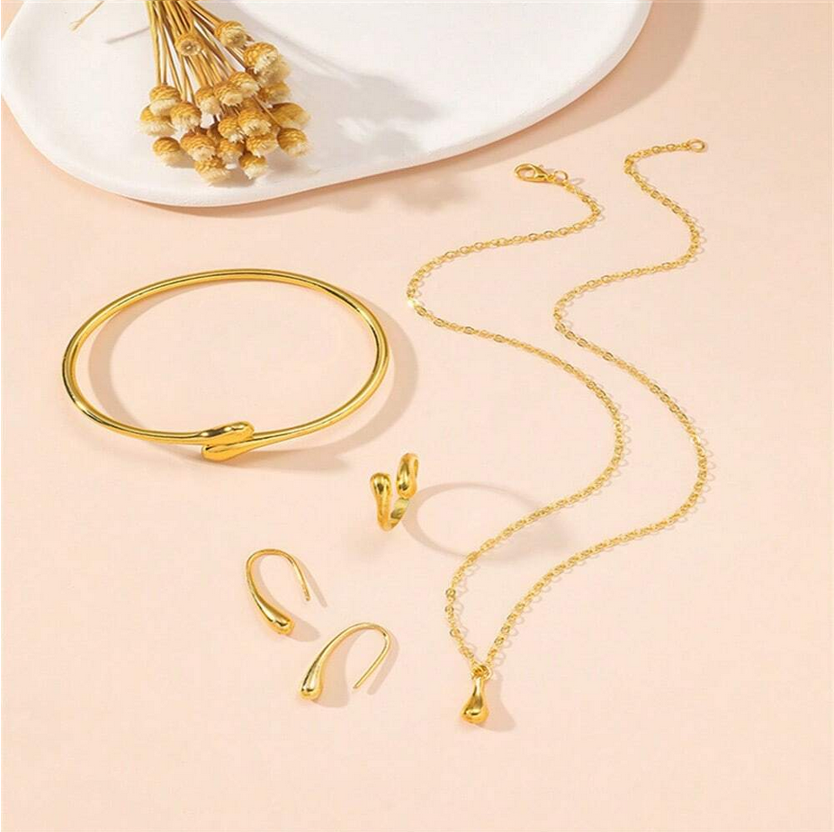 Minimalist Gold Teardrop Jewelry Set – Necklace, Bracelet, Earrings & Ear Cuff | Elegant Daily Wear Gift Set