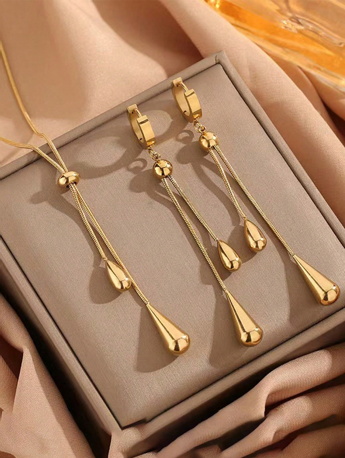 Gold Long Teardrop Jewelry Set – Dangle Earrings & Matching Necklace | Elegant Evening & Daily Wear Set