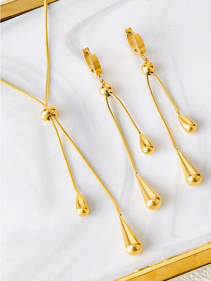Gold Long Teardrop Jewelry Set – Dangle Earrings & Matching Necklace | Elegant Evening & Daily Wear Set