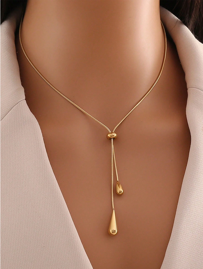 Gold Long Teardrop Jewelry Set – Dangle Earrings & Matching Necklace | Elegant Evening & Daily Wear Set