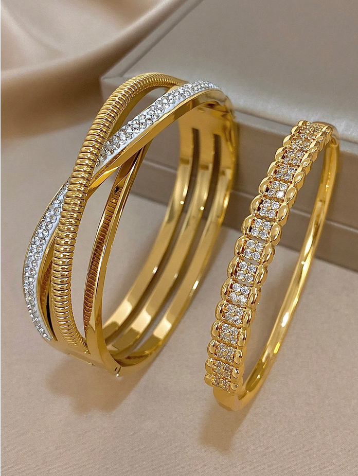 18K Gold Plated Stainless Steel Or Copper Luxe Diamond Elegant Gold Color Bangle Bracelets Set With Zirconia For Women