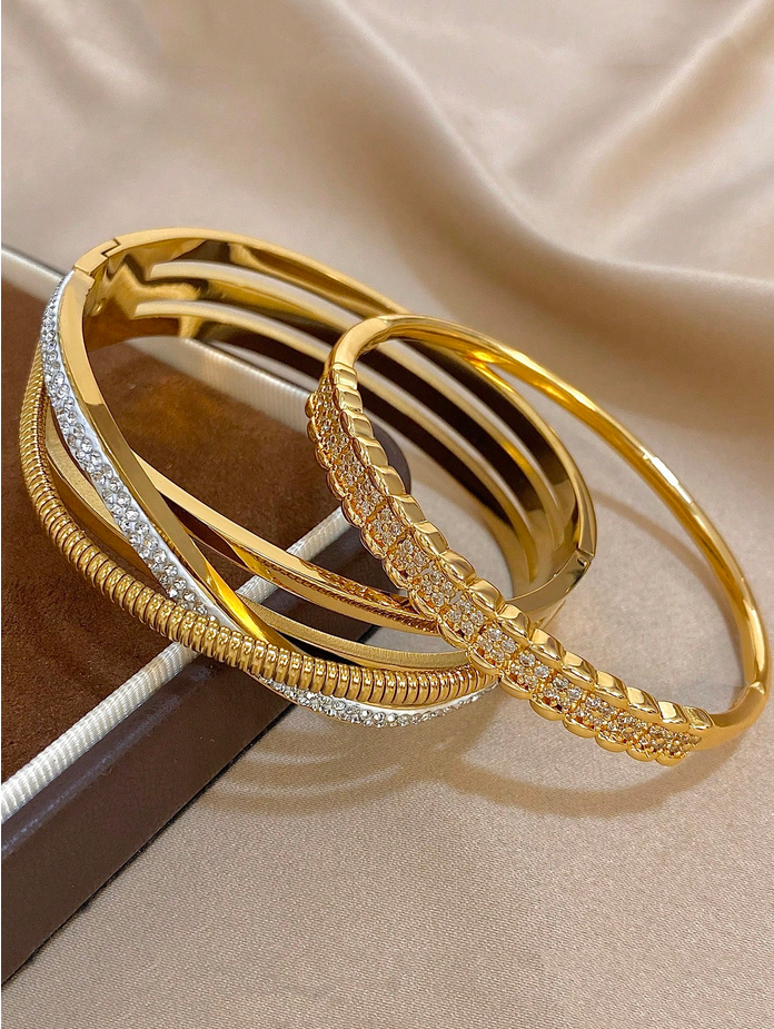 18K Gold Plated Stainless Steel Or Copper Luxe Diamond Elegant Gold Color Bangle Bracelets Set With Zirconia For Women