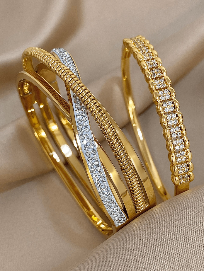 18K Gold Plated Stainless Steel Or Copper Luxe Diamond Elegant Gold Color Bangle Bracelets Set With Zirconia For Women