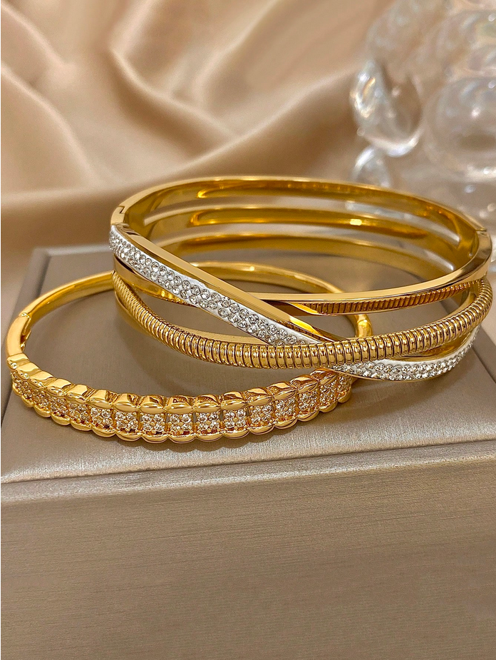 18K Gold Plated Stainless Steel Or Copper Luxe Diamond Elegant Gold Color Bangle Bracelets Set With Zirconia For Women