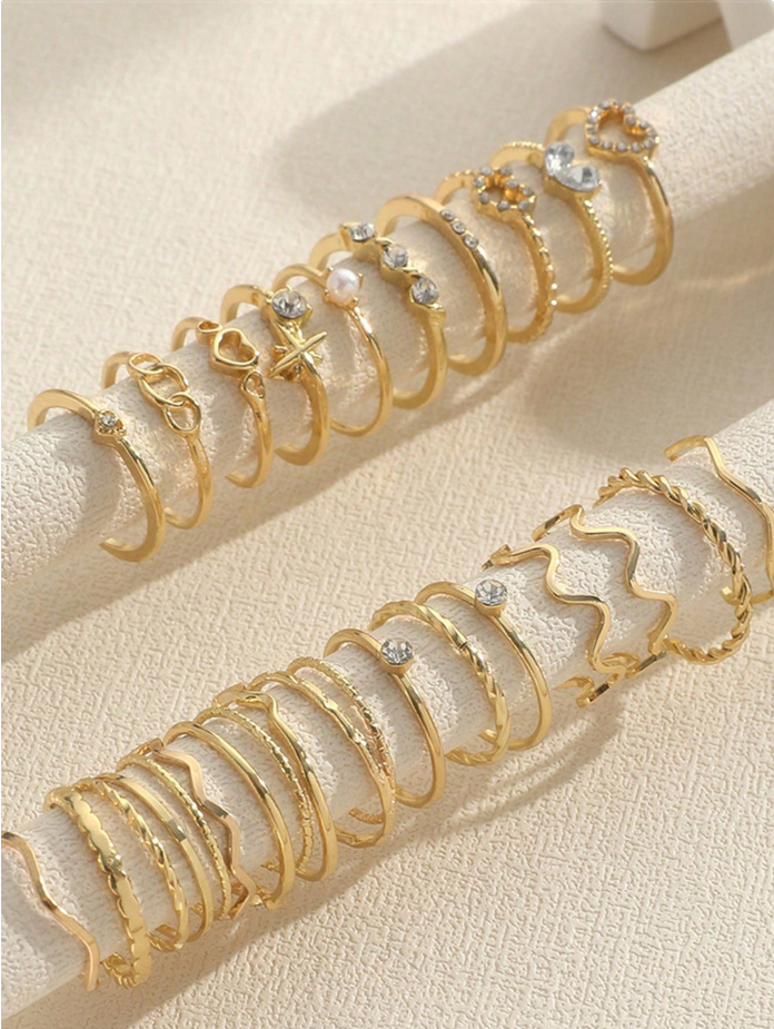 15pcs Set Fashionable Exaggerated Smooth Alloy Asymmetrical Geometric Jointed Rings, Lava Line Open Rings Set (Includes Size Guide, Do Not Force Open, Purchase Carefully)