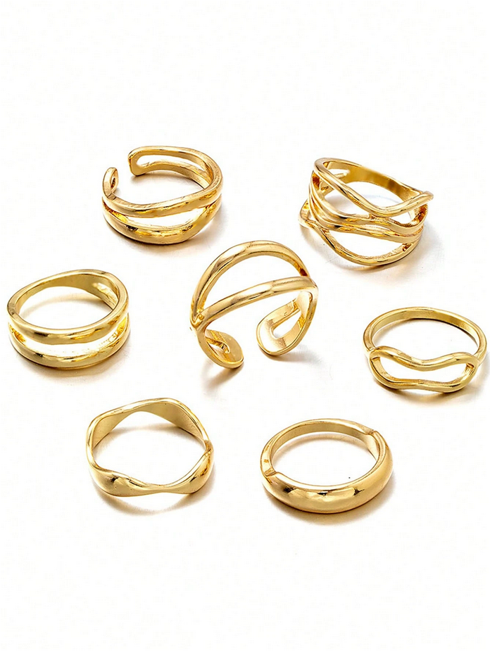15pcs Set Fashionable Exaggerated Smooth Alloy Asymmetrical Geometric Jointed Rings, Lava Line Open Rings Set (Includes Size Guide, Do Not Force Open, Purchase Carefully)