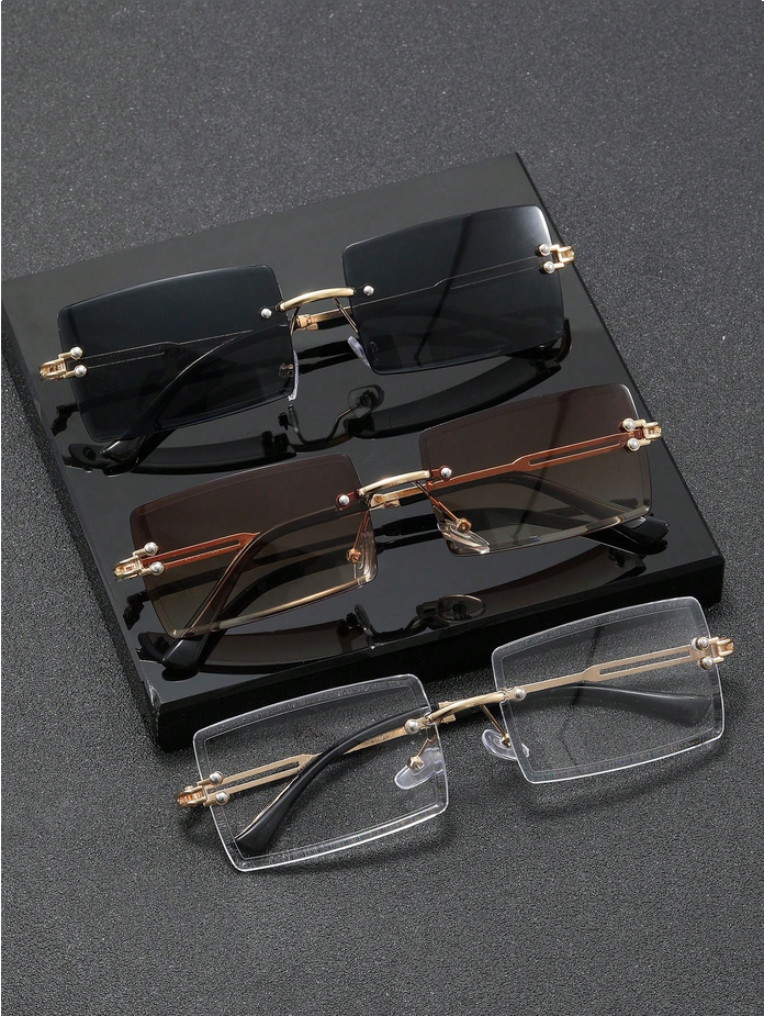 3pcs/Set Men's Rectangular Rimless Metal Fashion Glasses, New Fashion Eyewear Suitable For Daily Life,