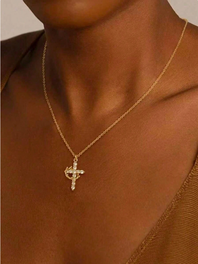 Mother's Day Gifts For Mom Upgraded Crown Cross Necklace For Women 14K Gold Plated Crown Cross Pendant Necklace Simple Diamond Gold Necklaces Faith Cross Jewelry First Communion Necklace